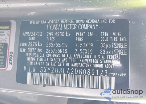 2013 Hyundai Santa Fe Sport 2.0T z USA, uszkodzony, nr VIN 5XYZU3LA2DG086123